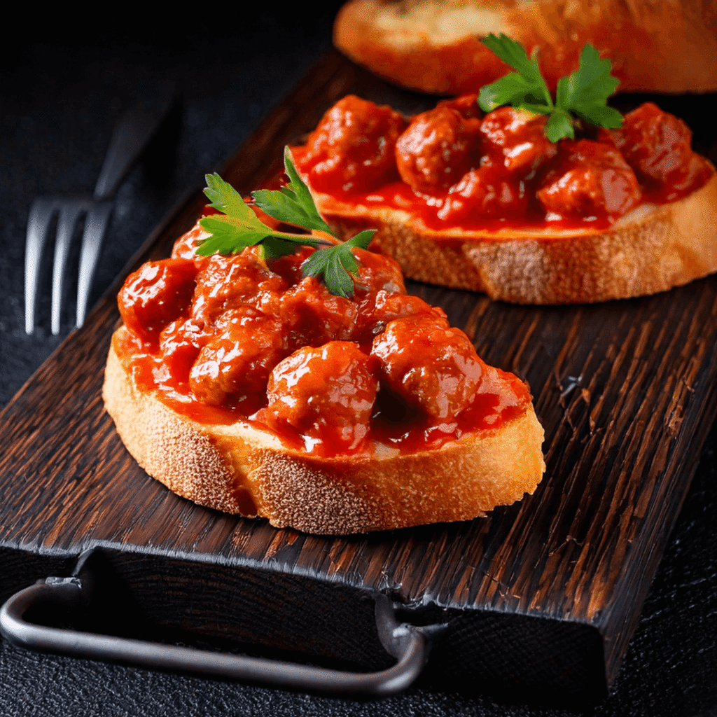 Ambachtelijke gehaktballetjes in tomatensaus op een sneetje brood, promofoto Keurslager Goeminne.