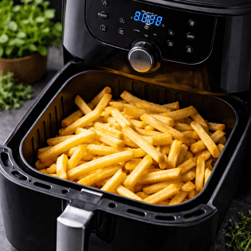 Krokant gebakken frietjes in een airfryer, goudbruin en vers uit de mand