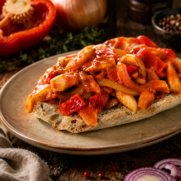 Kip zigeunersalade op een vers ciabattabroodje met paprika en ui – weekpromo Keurslager Goeminne Hoboken Antwerpen